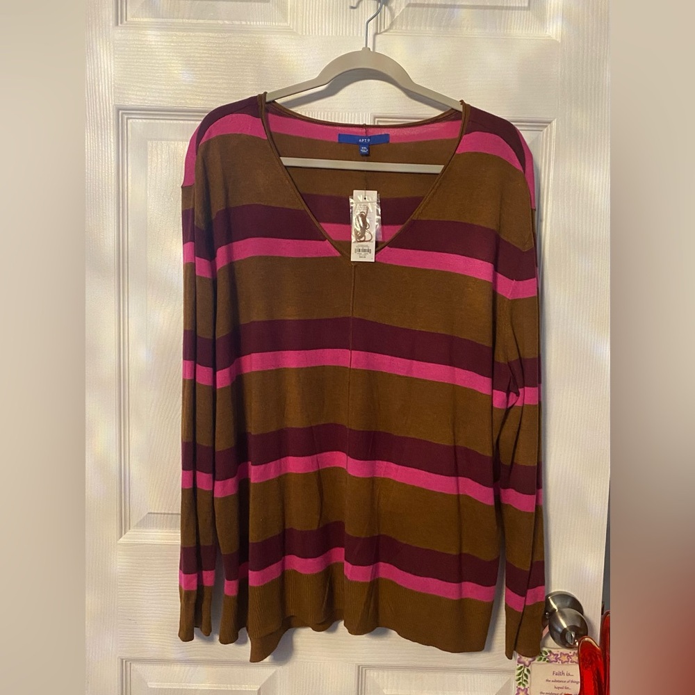 Apt. 9 Pink and Brown Striped V-Neck Sweater